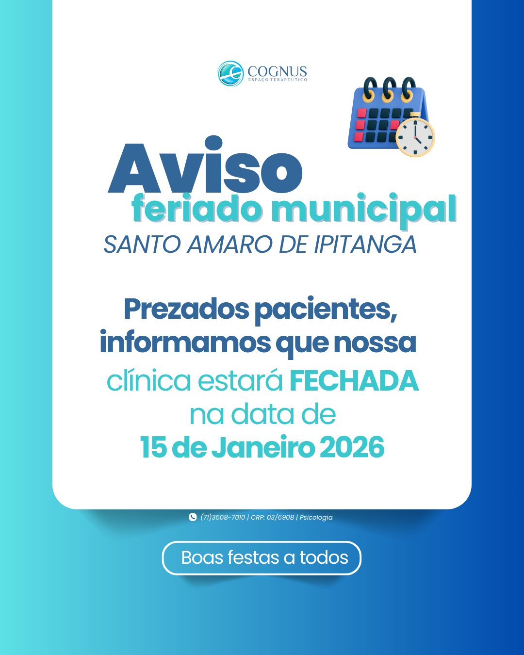 Aviso Feriado Municipal não abriremos  no dia 15/01/2026 (quinta-feira) . Agradecemos a compreensão