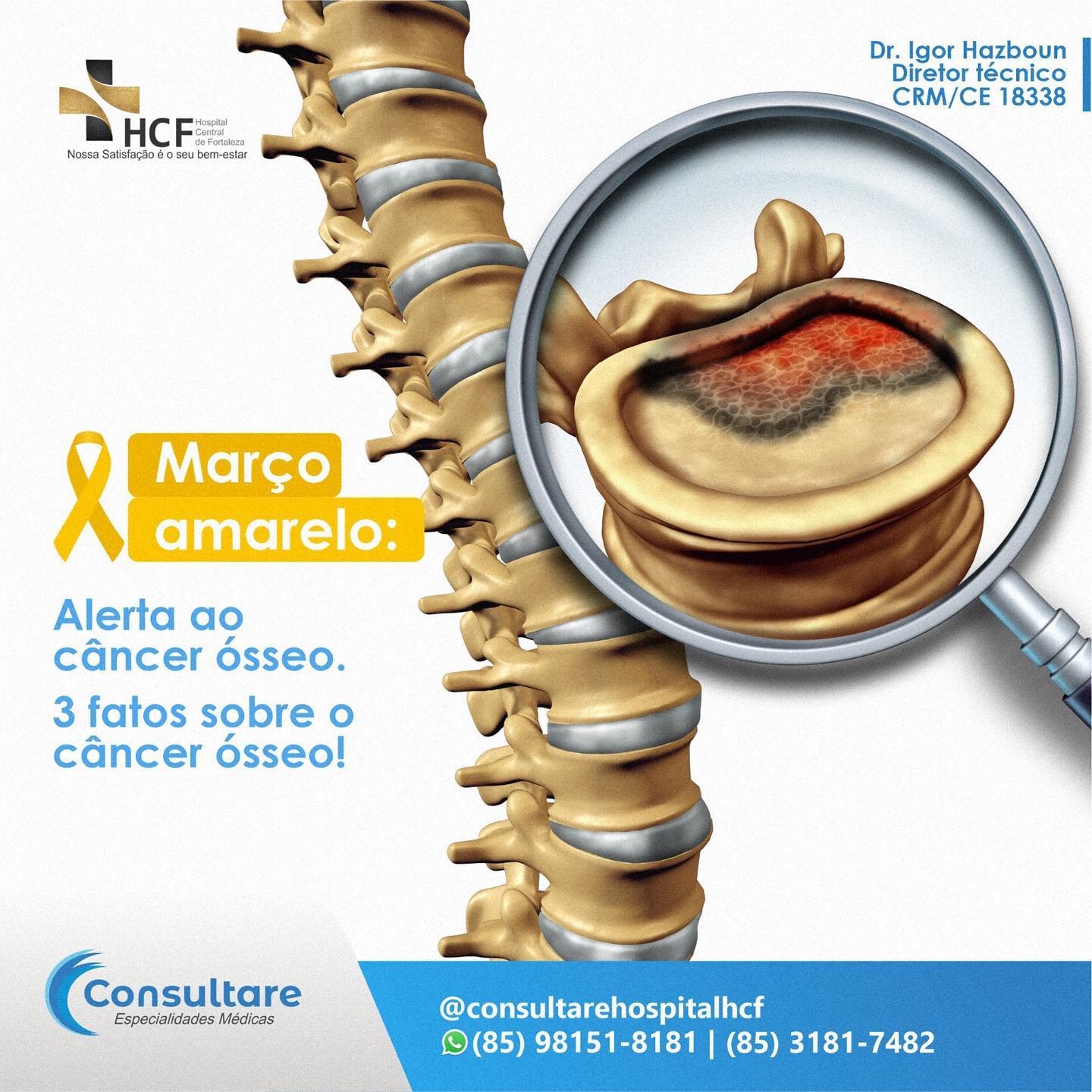  A Campanha do Abril Amarelo tem como objetivo a conscientização sobre os sinais, sintomas, prevenção, diagnóstico e tratamento do Câncer Ósseo.